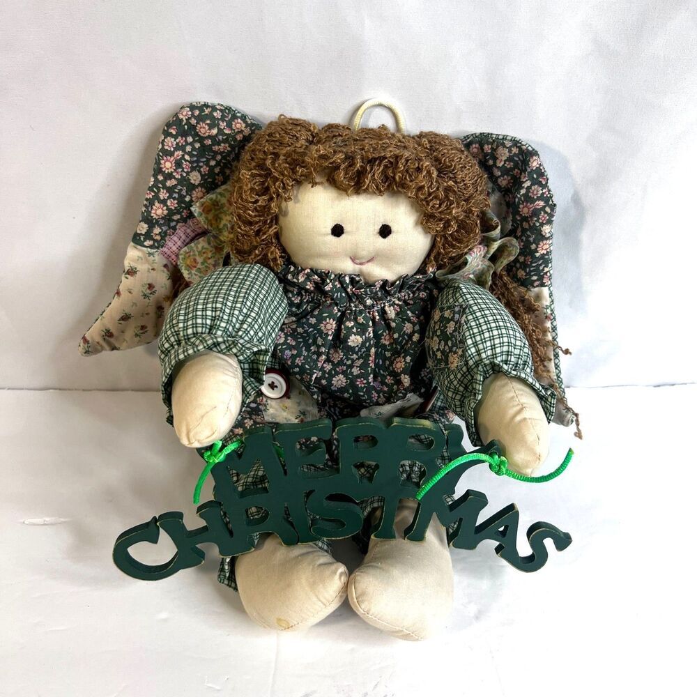 "Merry Christmas" VTG Granny Cottage Country Core Rag Doll Plaid Floral Holiday
